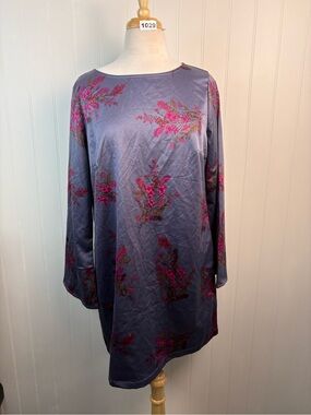 Grey Satin Floral Tunic Blouse/ Mini Dress Bell Sleeve Boho Cottagecore Large